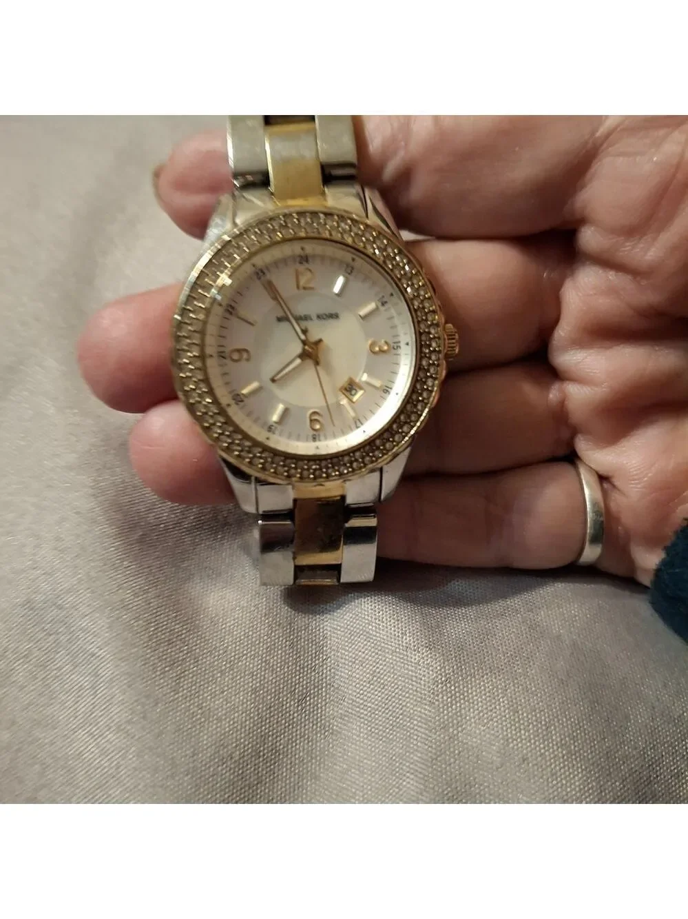 Michael Kors Gold and Silver Double Row of CZ Women's Watch Works Great Has Date